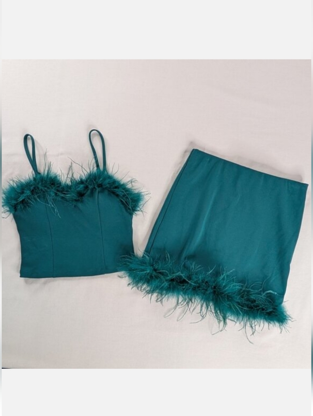 Thirty/Thirty Teal Feather Trim 2 Piece Top& Mini Skirt Set, Size Small